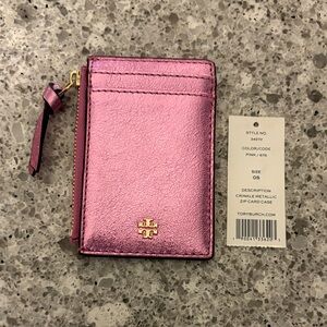 Tory Burch Crinkle Metallic zip Card Case in Pink